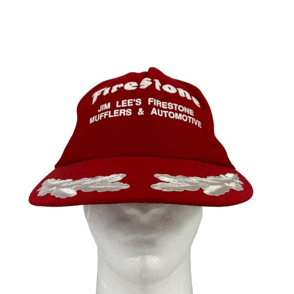 Vintage Firestone USA Made SnapBack Trucker Hat Embroidered Bill Red White Crisp - Picture 9 of 16